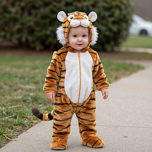 Photograph of a cute baby in an orange and black tiger onesie with white fur trim, standing on a sidewalk in a green, grassy backyard