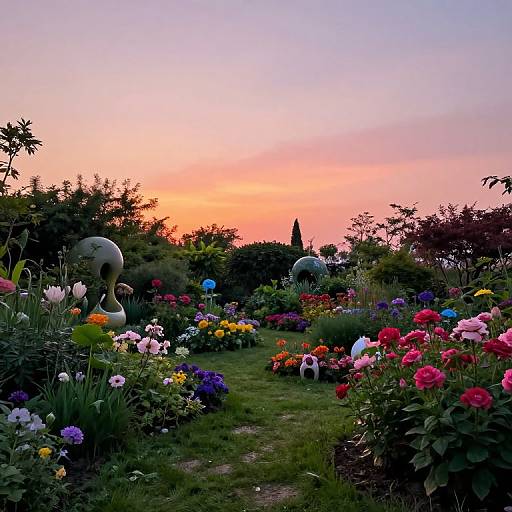 Photograph of a vibrant garden at sunset, featuring colorful flowers, two statuettes, and a lush green path, with an orange-pink-purple
