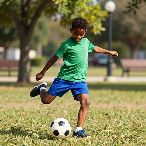 Young Boy Kicking Soccer Ball in Park