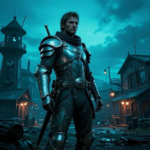 Photorealistic CGI of a rugged, bearded man in shiny, medieval-style armor with a sword, standing in a blue-lit, rainy Western