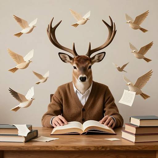 Photograph of a deer with large antlers wearing a brown cardigan, reading a book while surrounded by flying doves carrying notes.