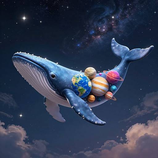 Digital art of a blue whale with Earth and colorful planets on its back, floating in a starry, cosmic night sky.
