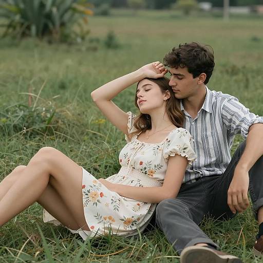 Romantic Young Couple in Grassy Field
