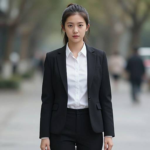 Photograph of a serious Asian woman with dark hair in a ponytail, wearing a black suit and white shirt, standing on a blurred urban street.
