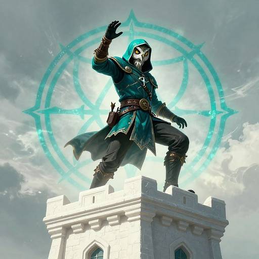 Digital artwork of a masked, hooded sorcerer with glowing blue runes, standing on a white stone tower, raising a hand.