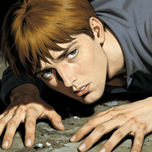 Close-up digital illustration of a distressed young man with brown hair, blue eyes, and a tear on his cheek, lying on the ground with outst