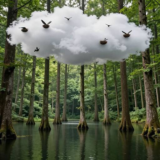 Photograph of a dense forest with tall trees, a calm reflective pond, and a white cloud floating above, surrounded by birds.
