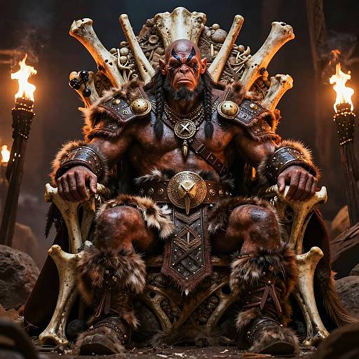 Photograph of a muscular, bald, red-skinned demon king with animal fur and bone armor, seated on a throne with crossed bones, flanked