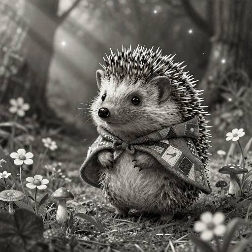 Black-and-white digital artwork of a cute hedgehog in a patterned cloak, surrounded by sparkling flowers and soft forest light.