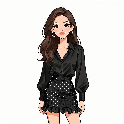 Digital illustration of a confident Asian woman with long brown hair, wearing a black button-up shirt and polka-dot skirt, smiling, standing against a white