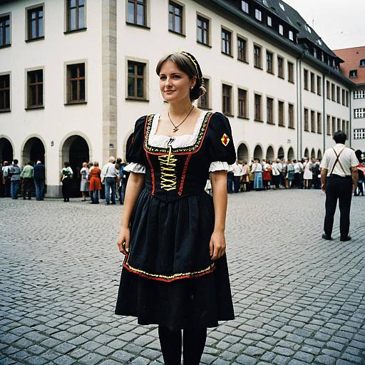 Photograph of a smiling woman in a traditional black German dirndl with red and yellow embroidery, standing in a cobblestone square with historical white buildings