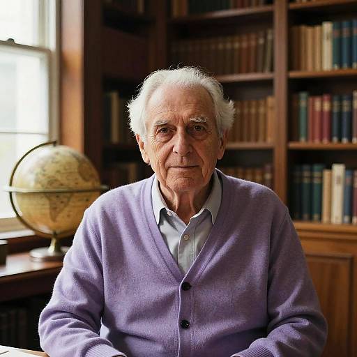 Photograph of an elderly white man with white hair and glasses, wearing a lavender cardigan over a light shirt, sitting in a library with booksh