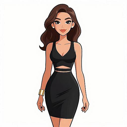 Digital illustration of a confident woman with long brown hair, wearing a black crop top and matching skirt, gold bracelet, and red lipstick, standing against a