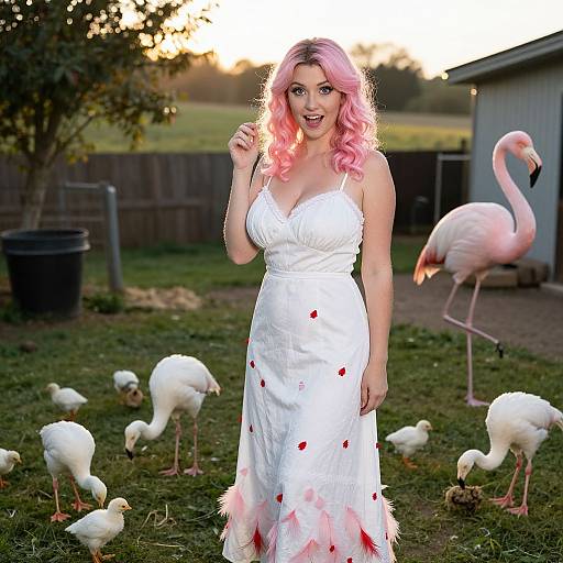 Photograph of a pink-haired woman in a white dress with red heart patterns, standing in a backyard with flamingos and white chickens. Sunset background.