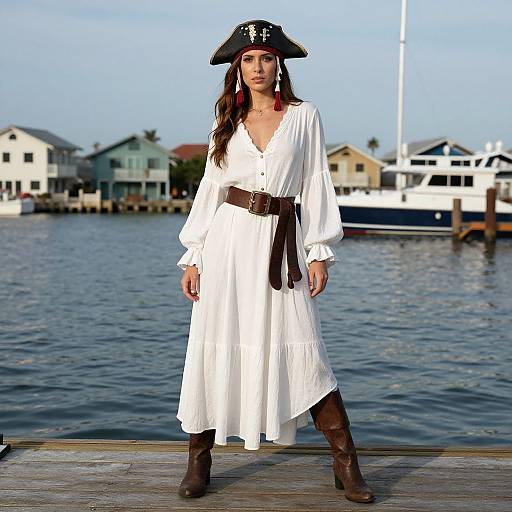 Photograph of a woman in a white pirate dress, black tricorn hat, brown belt, and boots, standing on a wooden dock by a waterfront
