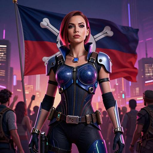 Digital art of a fierce, red-haired woman in futuristic black armor with metallic shoulder plates, blue gem necklace, standing confidently in front of a Jolly