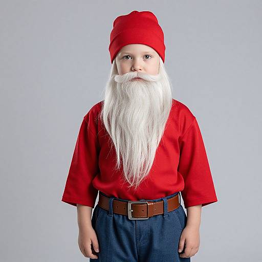 Photograph of a young boy with a long white beard, red hat, and red shirt, standing against a plain light blue background.