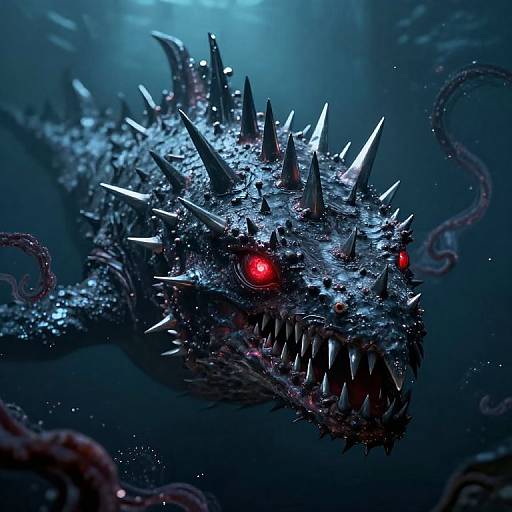Digital artwork of a menacing, blue-scaled sea dragon with glowing red eyes, sharp white spikes, and a gaping maw of razor teeth, set