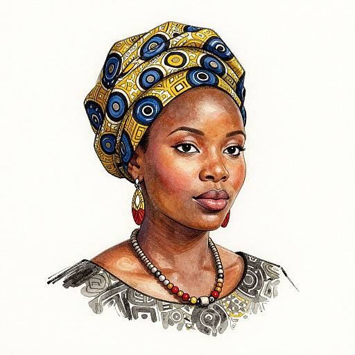 Colorful digital portrait of an African woman with dark skin, gold and blue-patterned headwrap, red earrings, black and white patterned dress,