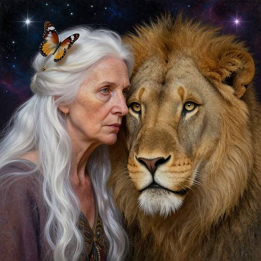 Digital artwork of an elderly woman with long white hair, a butterfly on her head, and a lion, both gazing forward, against a starry