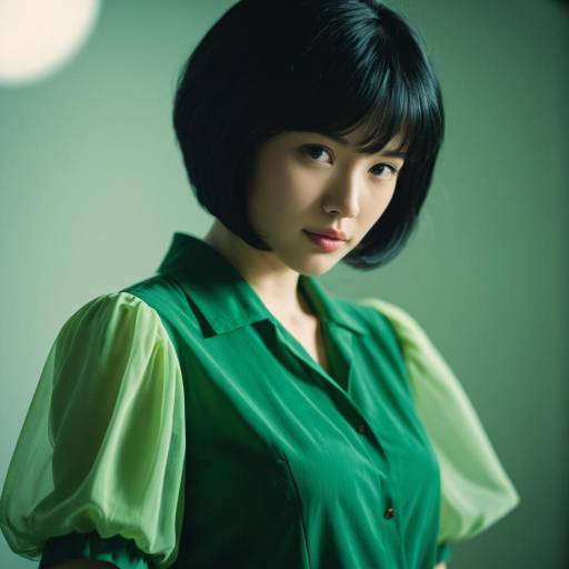 Woman in Soft Green Blouse with Translucent Sleeves