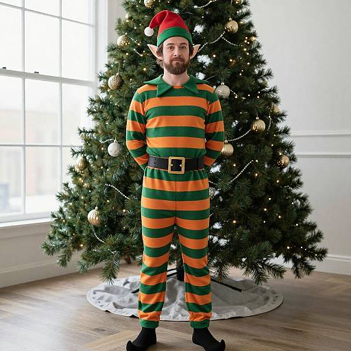 Photograph of a bearded man in an orange and green striped elf costume standing in front of a decorated Christmas tree.