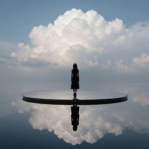 Silhouetted girl stands on circular floating platform, reflected in calm water beneath a bright, fluffy cloud-filled sky. Digital artwork.