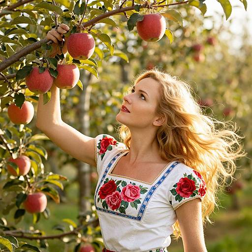 Photograph of a blonde woman with wavy hair, wearing a white dress with red rose embroidery, reaching for red apples in a sunlit orchard