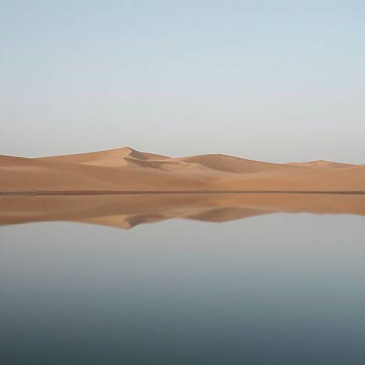 Photograph of serene desert landscape with golden-orange sand dunes reflected in still, mirror-like water under a clear, pale blue sky.