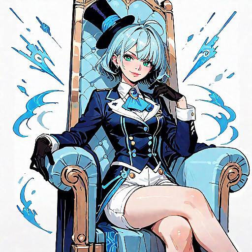 Anime-style digital drawing of a blue-haired girl in a navy top hat, black jacket, white shorts, and black gloves, sitting on a throne with