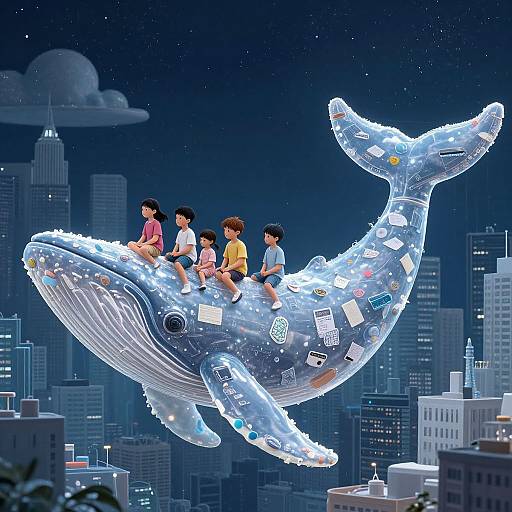 Digital illustration of five children sitting on a glowing, city-themed whale with stickers, soaring above a nighttime city skyline.
