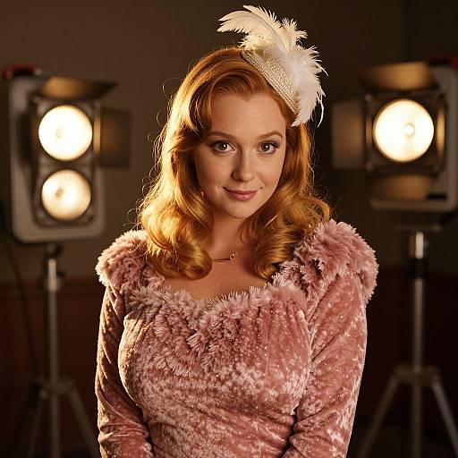 Photograph of a smiling red-haired woman with vintage-style curly hair, wearing a pink, furry, 1940s-inspired dress and white feather head