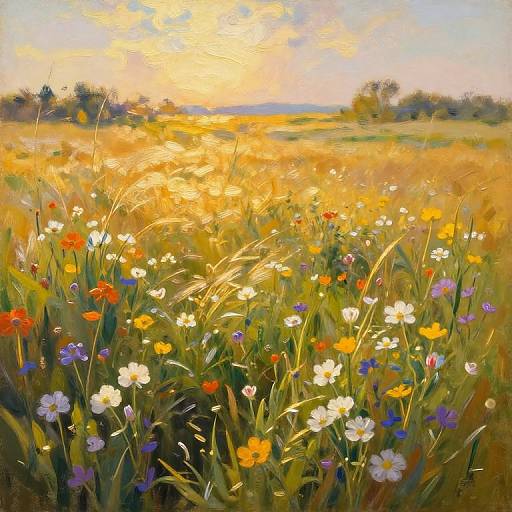 Vibrant oil painting of a sunlit meadow filled with white, yellow, red, and blue flowers, with a bright, golden sunset in
