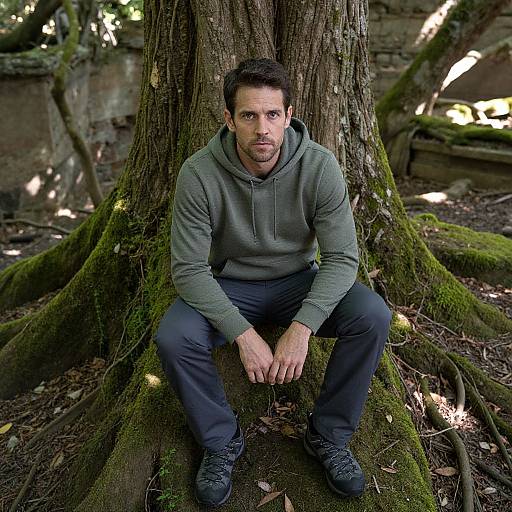 Photograph of a serious, bearded man with short dark hair, wearing a green hoodie and black pants, sitting at the base of a large,