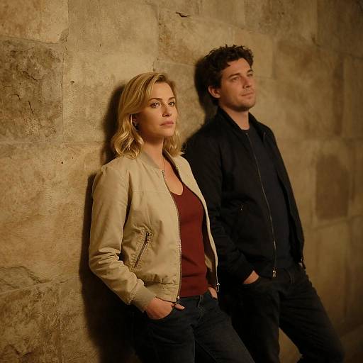 Two People Leaning Against Stone Wall