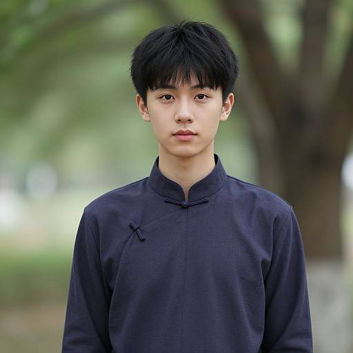 Photograph of a young Asian man with black hair, wearing a black traditional Chinese long-sleeve shirt, standing outdoors with a blurred green and brown