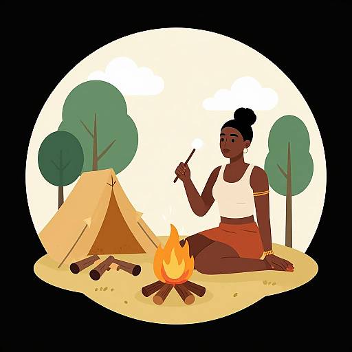 Digital illustration of a dark-skinned woman with a bun, wearing a white tank top and orange skirt, sitting by a campfire, roasting marsh