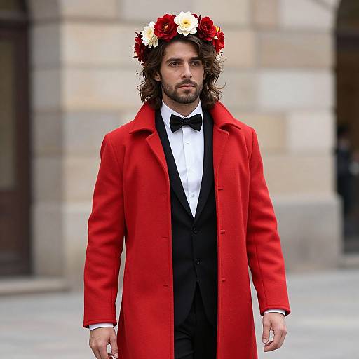 Photograph of a bearded man with wavy brown hair, wearing a red coat, black tuxedo, bow tie, and red and white