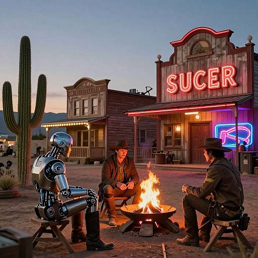 Photograph: Two cowboy-clad men sit around a campfire with a metallic robot, in front of a neon-lit Western town at dusk.