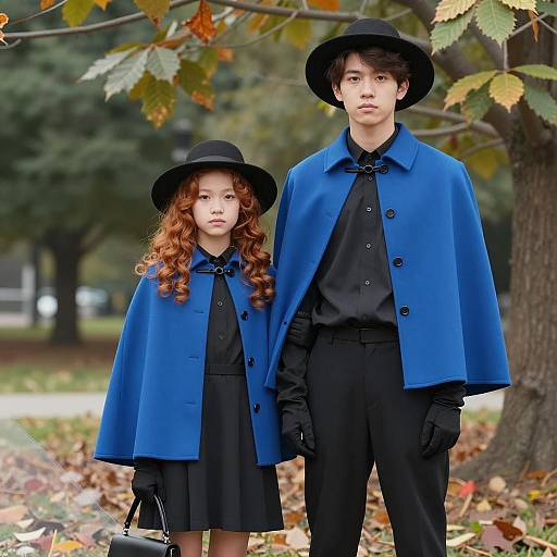 Young Couple Wearing Blue Capes Outdoors