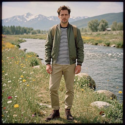 Photograph of a bearded man with curly hair, wearing a green jacket, striped shirt, khaki pants, and brown boots, standing by a