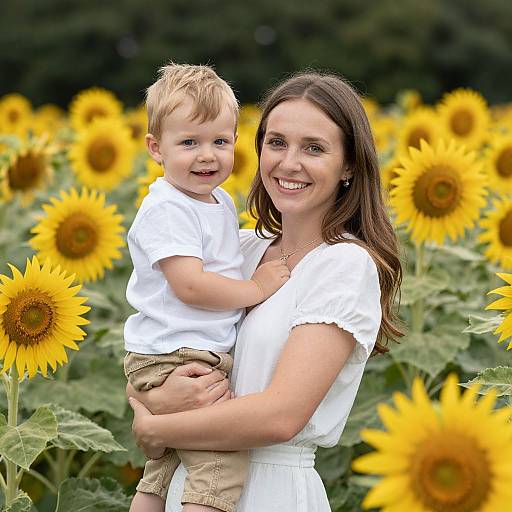 Photograph of smiling mother with brown hair, white dress, holding blonde-haired toddler in white shirt and beige pants, surrounded by vibrant yellow sunflowers in