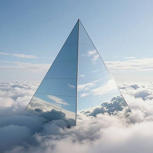 Photograph of a transparent, triangular glass structure rising through a sea of fluffy white clouds against a bright blue sky.