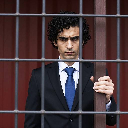 Serious Man Behind Metal Grid Window