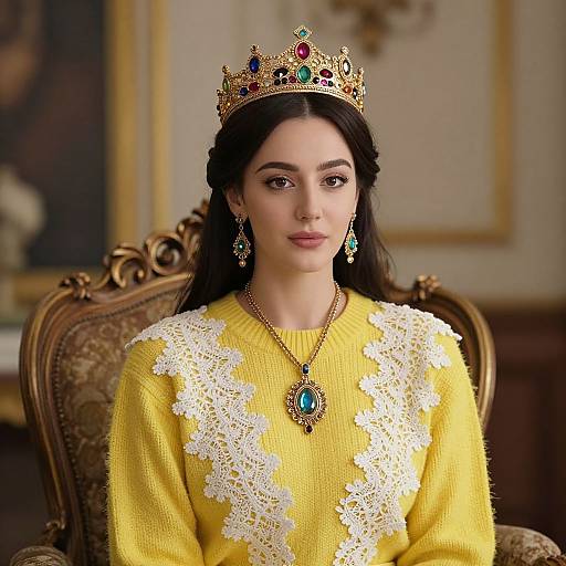 Photograph of a young woman with long dark hair, wearing a gold crown, yellow lace-trimmed sweater, turquoise pendant, and matching earrings,