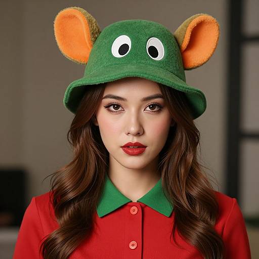 Photograph of an Asian woman with long brown hair, wearing a green hat with orange mouse ears and white eyes, and a red shirt with a green