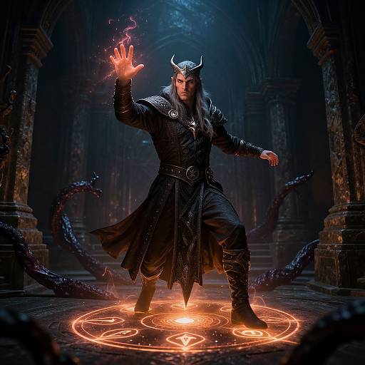 Magical dark knight conjures fire in dim, gothic cathedral, wearing horned helmet, black armor, and long cloak, surrounded by glowing runes