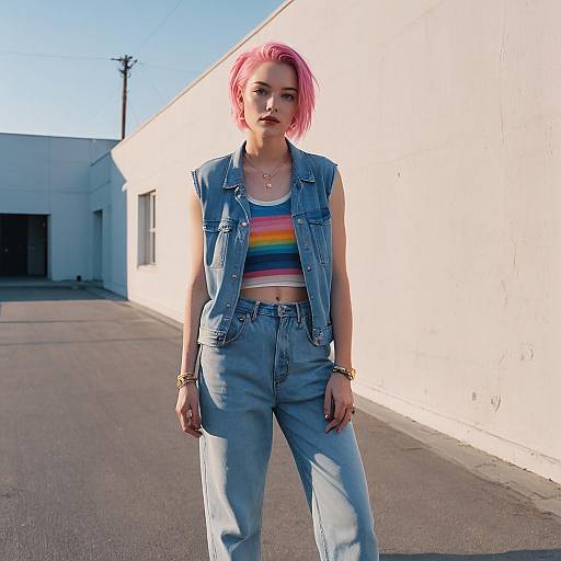 Woman with Pink Hair in Y2K Denim Outfit
