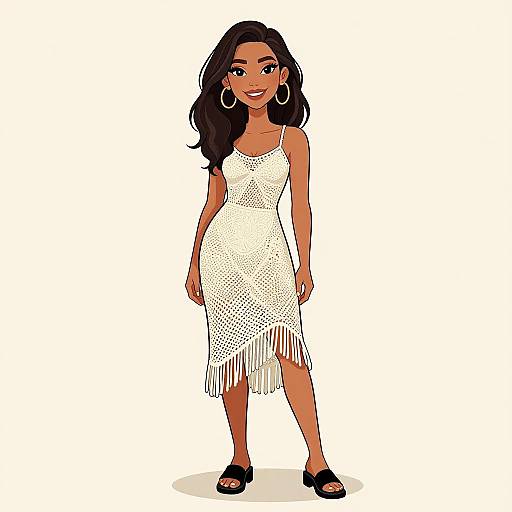 Digital illustration of a smiling, dark-skinned woman with long black hair, wearing a white, fringed, sleeveless dress and black sandals, standing