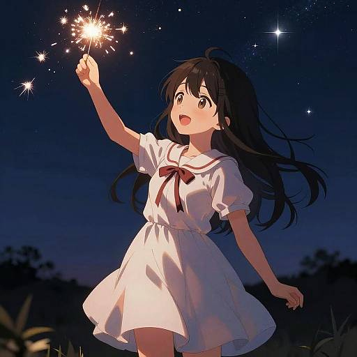Anime Girl Celebrating Under Starry Sky